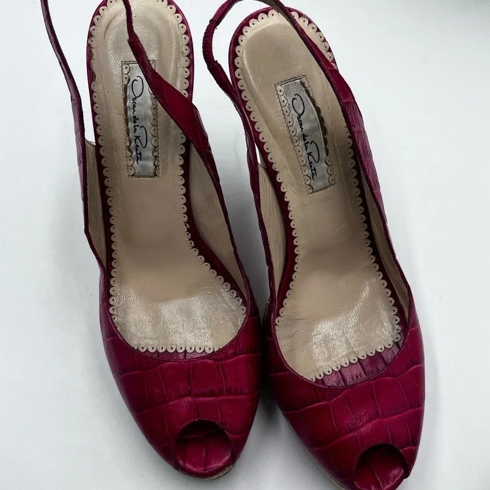 Oscar‎ De LA Renta Womens Red Print Leather Peep-Toe Slingback Wedge 39.5/US 8.5